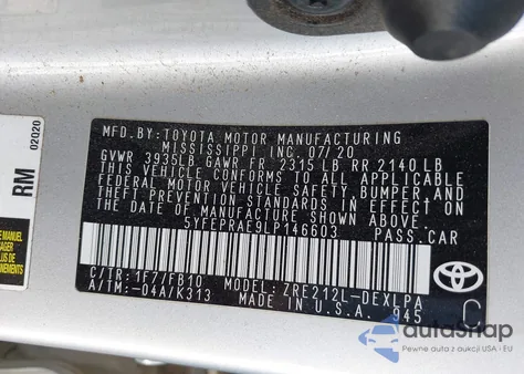 2020 Toyota Corolla Le z USA, uszkodzony, nr VIN 5YFEPRAE9LP146603